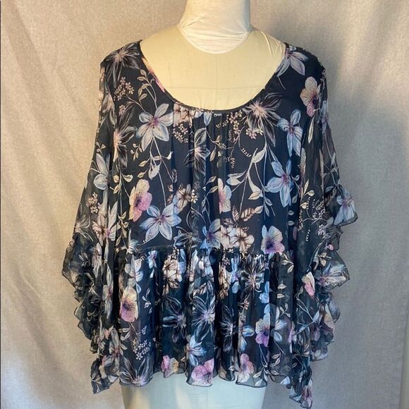 Johnny Was Walter Blue Floral Ruffle Scoop br Neck 100% Silk Blouse. Size L - Picture 1 of 9